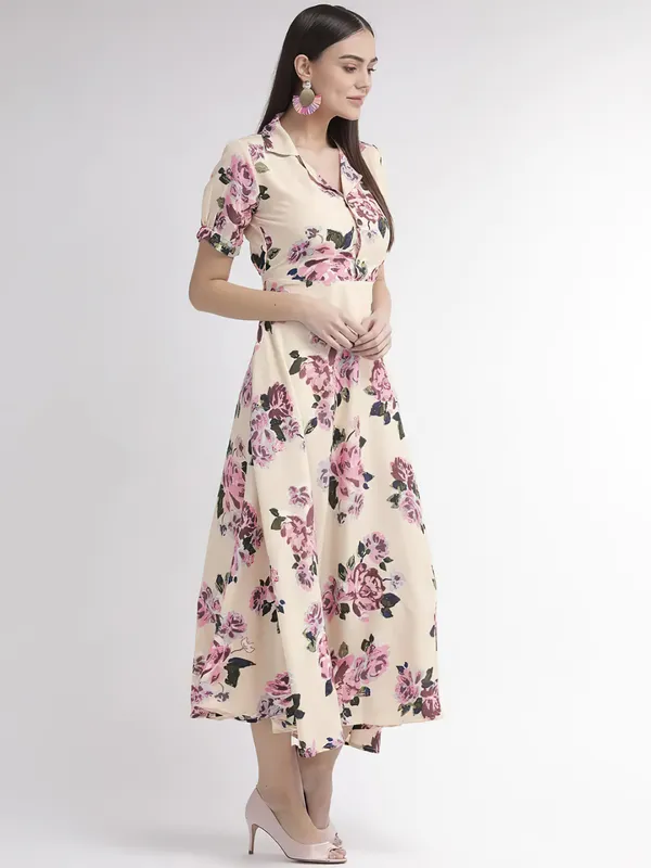 Cream-Coloured_&_Pink_Floral_Print_Shirt_Collar,Puff_Sleeves_Maxi_Dress